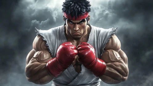 Muscular martial artist in white gi with red gloves poised