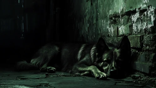 Shadow weary, the alley dog folds into crumbling green walls