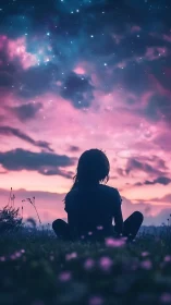 Silhouetted figure in violet dusk field under vivid starscape.