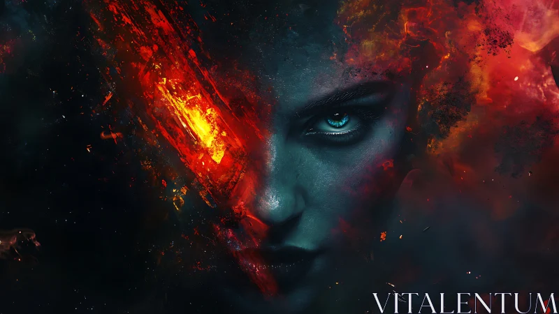 Fiery abstract portrait with intense blue-eyed gaze.