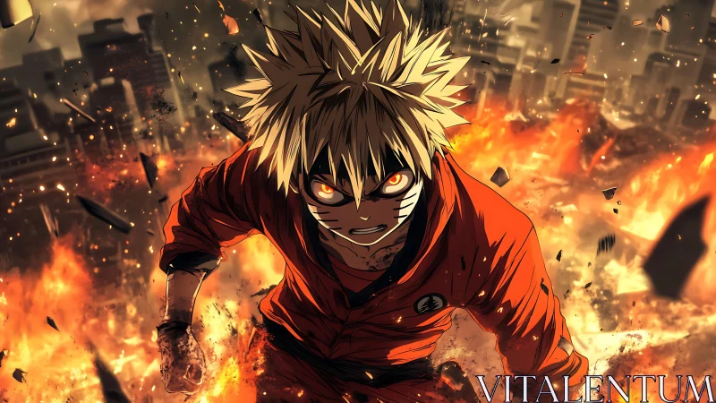 Spiky haired anime fighter charges forward through explosions