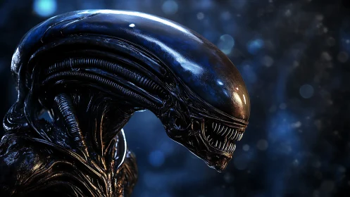 Biomechanical xenomorph profile under cold cinematic rimlight.
