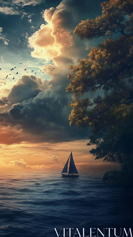 Sailboat moves across sunset sea beneath towering storm clouds