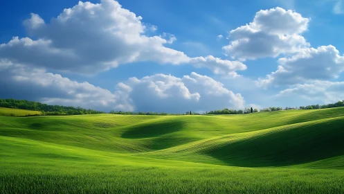 Rolling emerald fields under storybook clouds and sky.