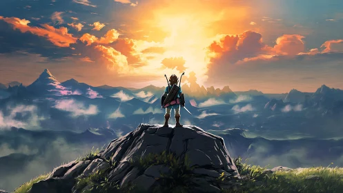 Backlit fantasy wanderer surveying volumetric mountain vista.