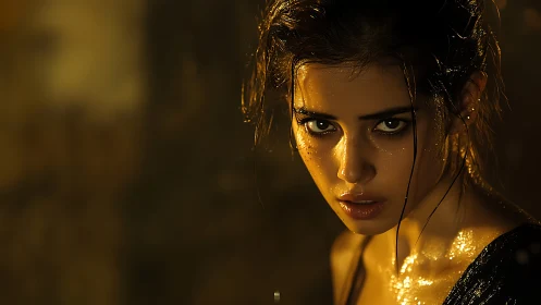 Intense wet portrait in dramatic golden low key lighting.