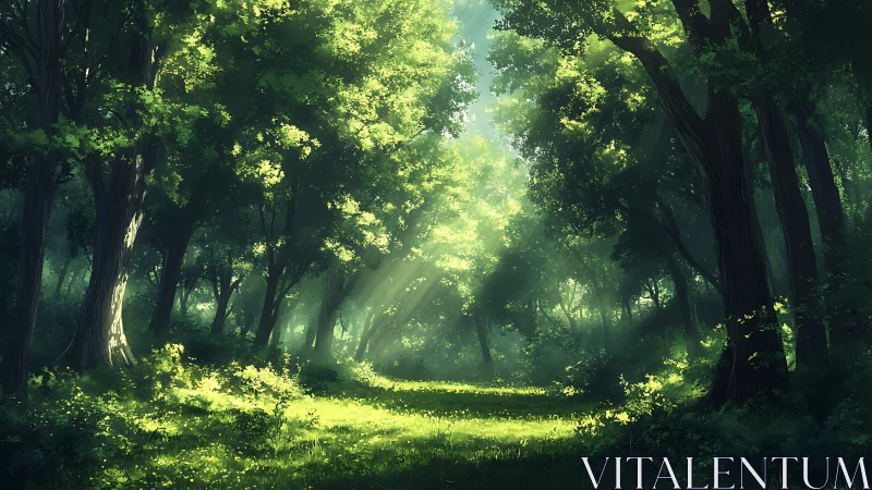 Sunlit Forest Path Through Ancient Trees.