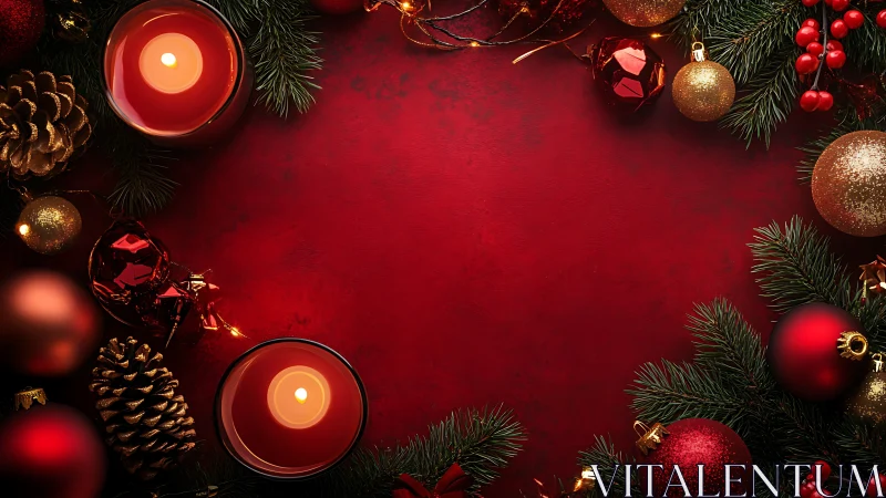 Red Christmas candles frame lie among festive baubles