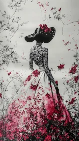 Elegantly poised woman in floral gown amidst crimson blossoms