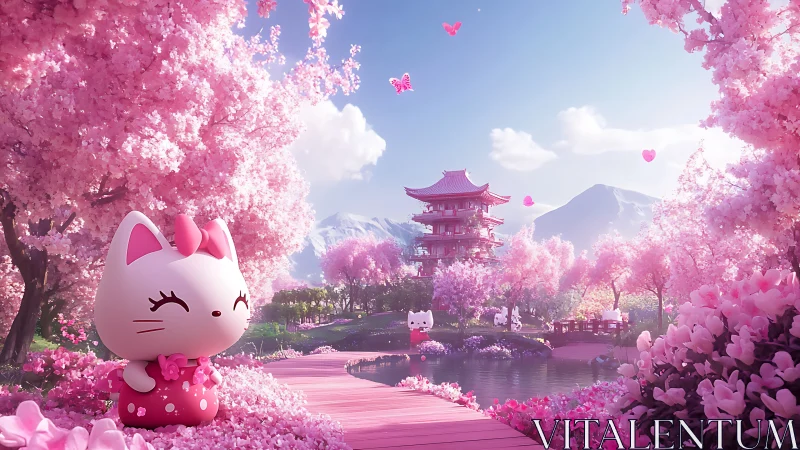 Cartoon cat figure stands in pink cherry blossom garden