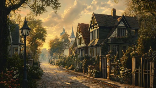 Golden hour lighting defines cobbled Tudor lane with dense foliage