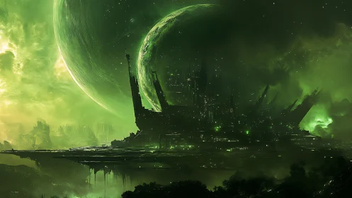Emerald exoplanet citadel beneath twin luminous worlds.