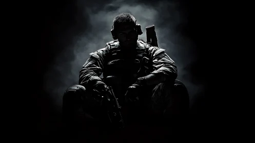 Shadow-sculpted soldier broods in swirling battlefield smoke.