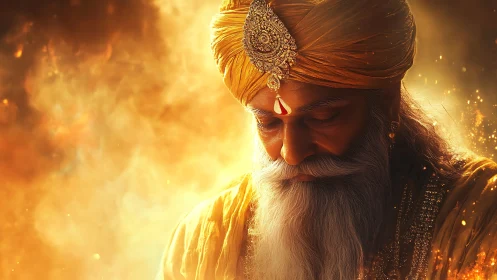 Elderly turbaned man in golden robes against fiery light.