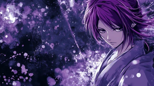 Purple-haired anime figure stands before abstract splatter field