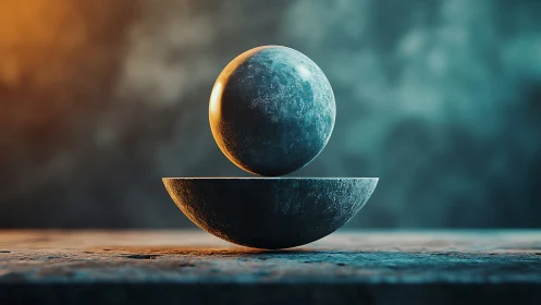 Levitating stone sphere splits geometric bowl, cinematic light.