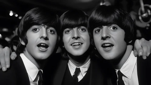 Joyful trio in suits share a close, energetic camera moment