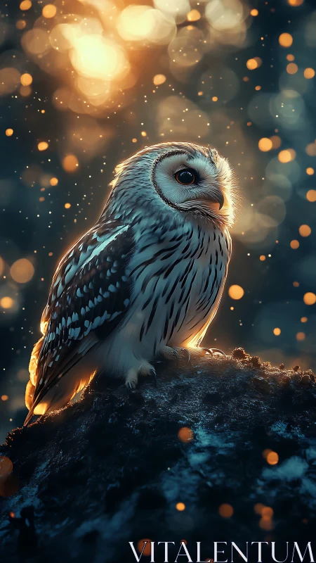 Backlit owl portrait with high contrast bokeh and rim lighting effects