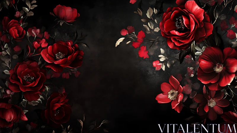 Red flowers arranged on dark background with central negative space