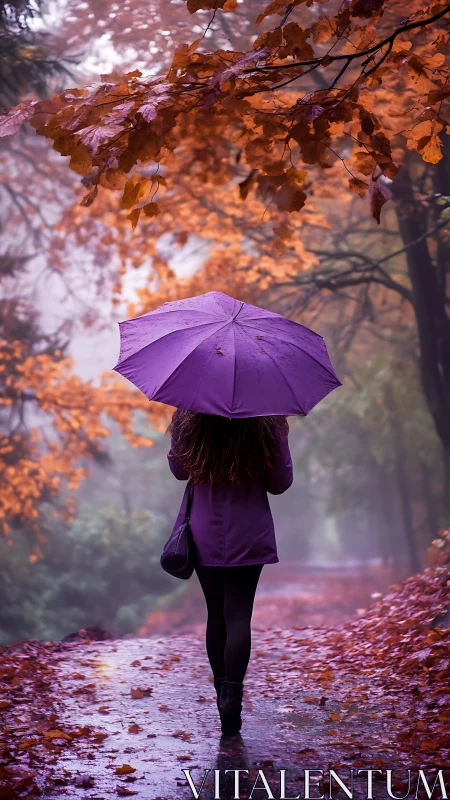 Person with purple umbrella on wet path under autumn trees.