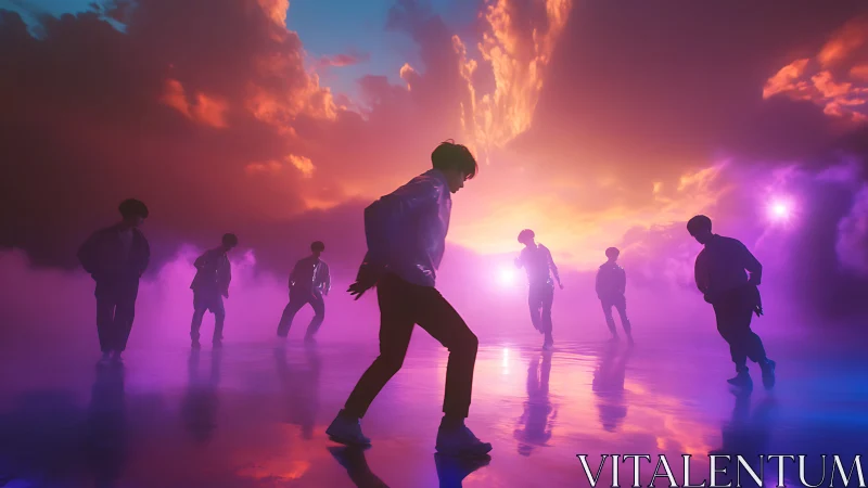 Silhouetted dancers move through neon clouds at sunset