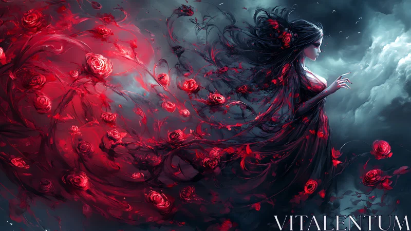 Enigmatic rose spirit drifts through stormy midnight clouds