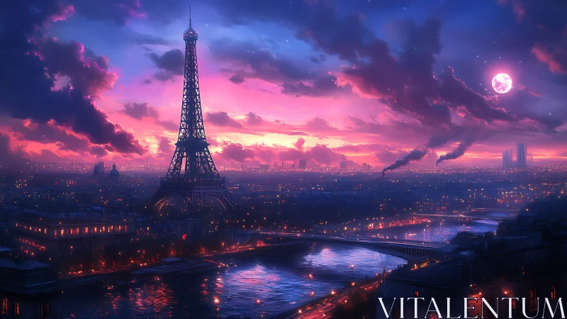 Eiffel Tower glows over neon twilight Parisian skyline.
