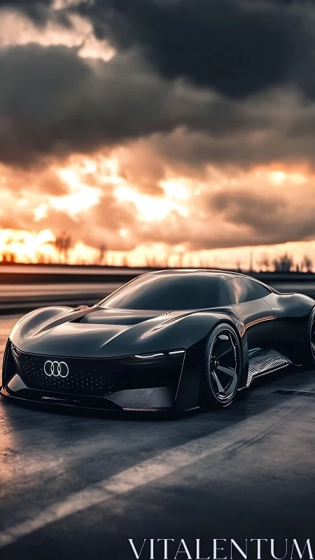 Futuristic Audi supercar glides across stormy sunset highway.