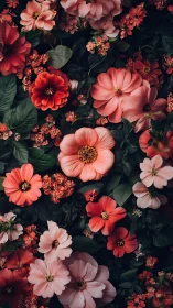 Layered Garden: Dahlias and Cosmos Against Dark Foliage.