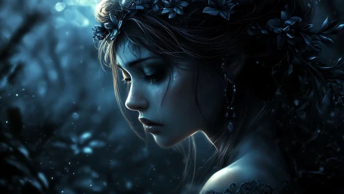 Moonlit profile of pensive forest woman in blue tones.
