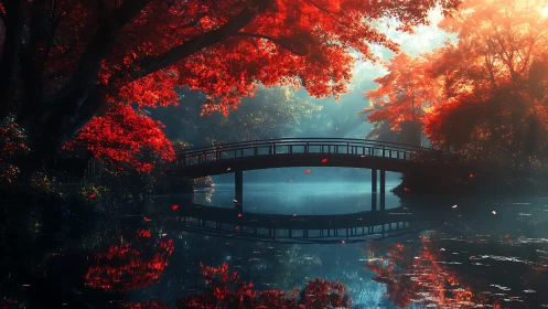 Wooden bridge over calm river under dense red foliage.