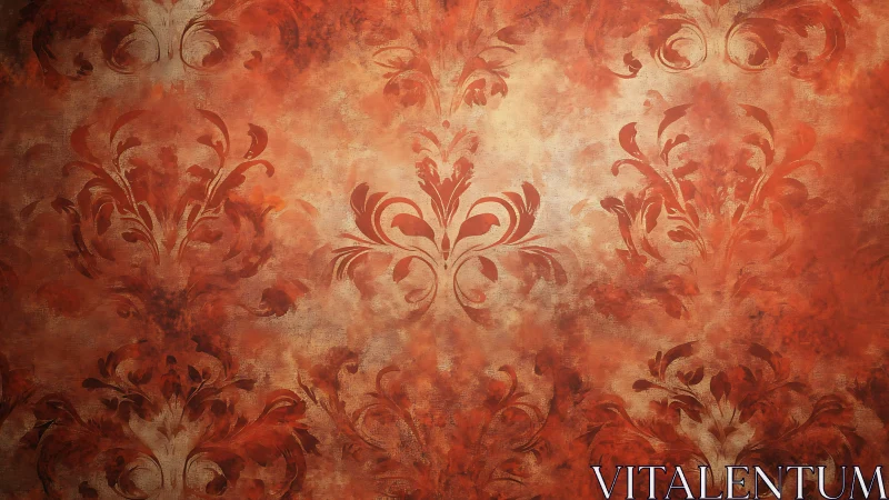 Ornate red damask pattern painted on textured plaster wall