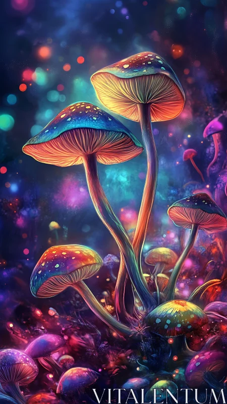Neon bioluminescent mushrooms in cosmic fantasy forest.