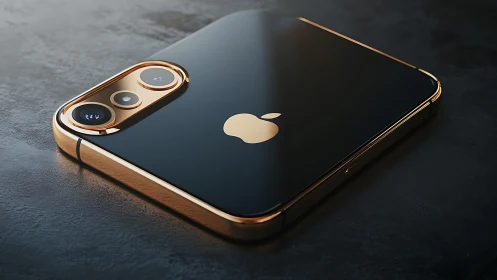 Gold-trimmed iPhone with dual camera setup on dark surface
