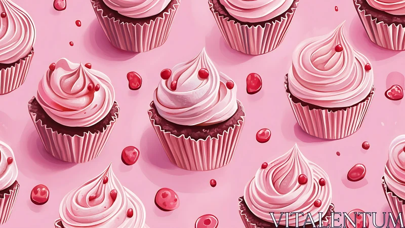Pink Cupcakes with Red Berries in Whimsical Digital Still Life