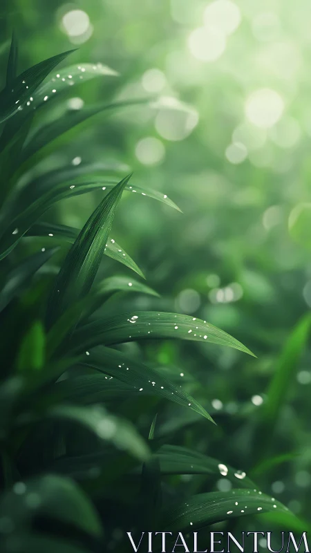 Dew-covered narrow leaves against blurred green background.