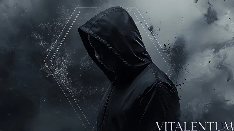 Shadowed hooded figure dissolves into crystalline storm