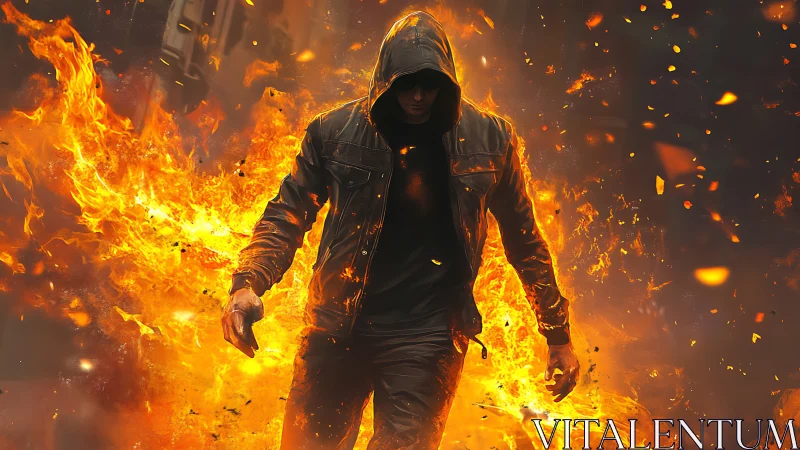Hooded figure in leather jacket amid rising flames.