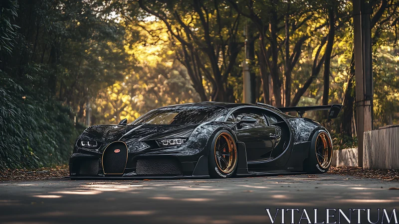 Black hypercar with widebody kit under golden forest canopy.