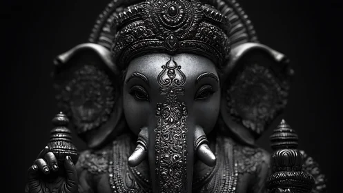 Photorealistic silver Ganesha idol in dramatic chiaroscuro focus.
