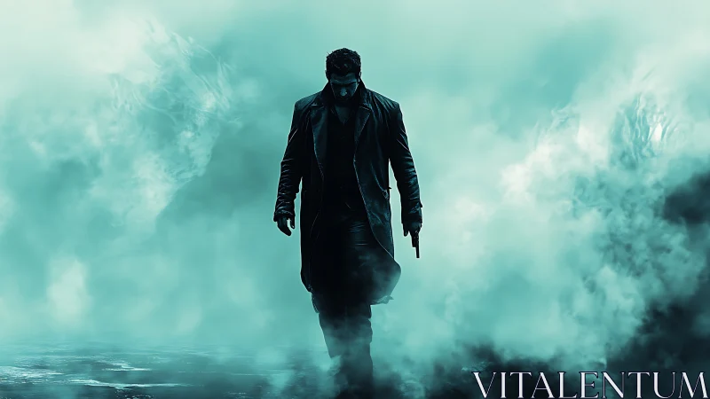 Solitary armed figure advances through cyan atmospheric haze