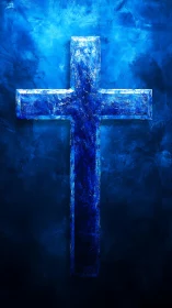 Luminous blue cross glowing softly in a misty night sky.