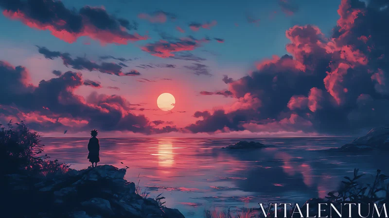 Quiet sunset watcher beside a glowing dreamlike sea.