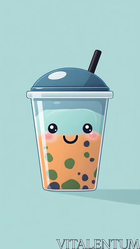 Smiling bubble tea cup illustration brightens a pastel scene
