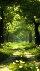 Luminous Tree-Lined Path Glowing with Spring Sunlight