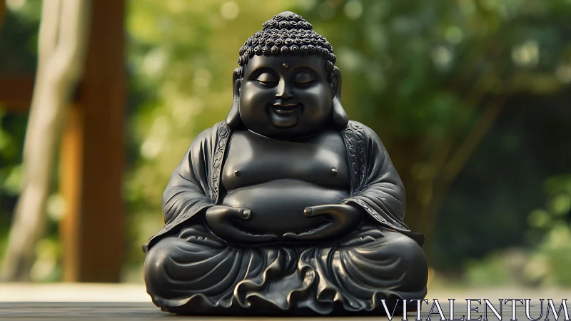 Polished black laughing Buddha statue in shallow depth portrait