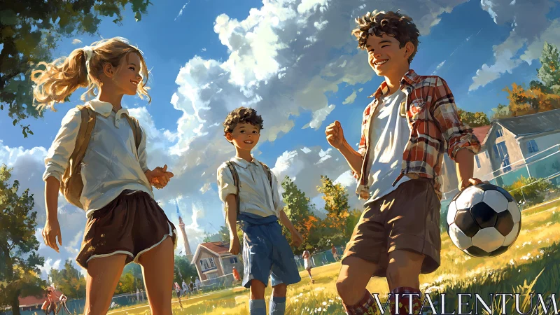 Three children playing soccer outdoors on sunny day