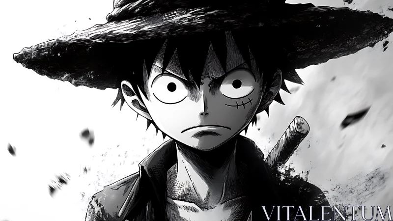 Straw hat swordsman glares forward in stark monochrome storm