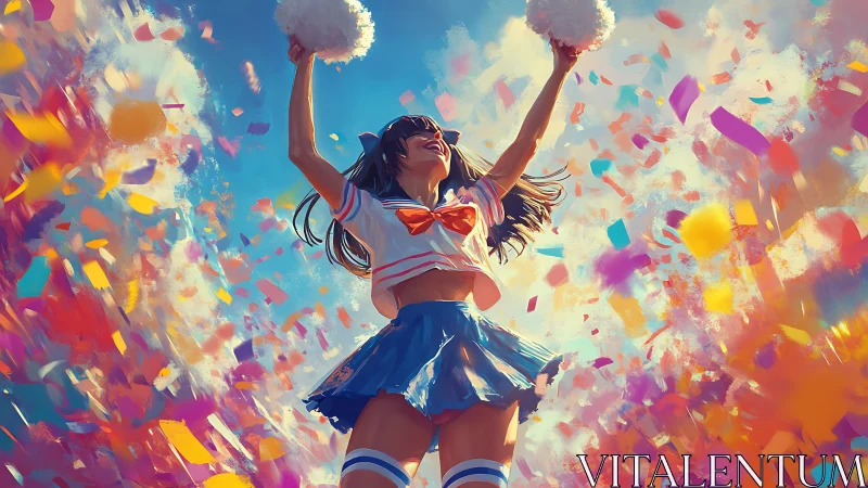 Cheerleader with pom poms amid multicolored confetti sky.