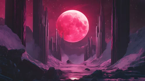 Lunar-illuminated alien ravine with crystalline monolith arrays